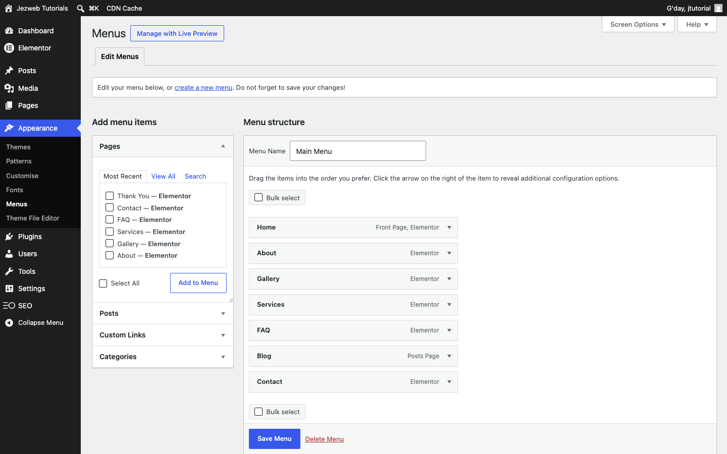 Step 1: Open Appearance → Menus